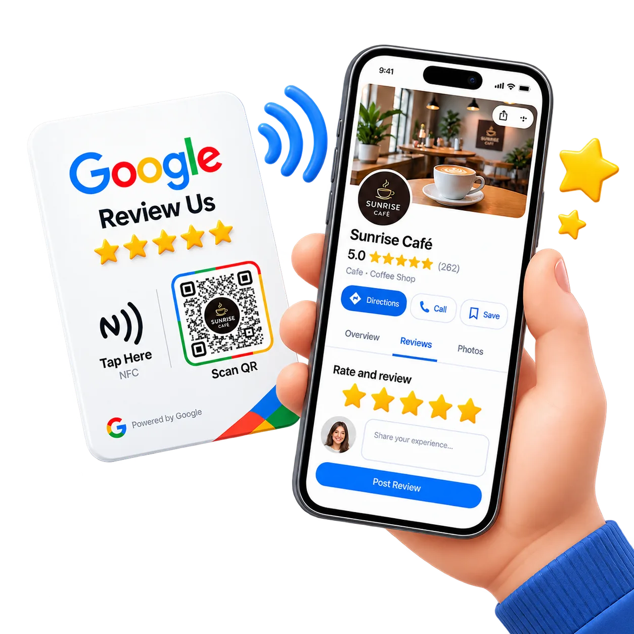 Kartu NFC dan ponsel yang membuka Google Maps Rating